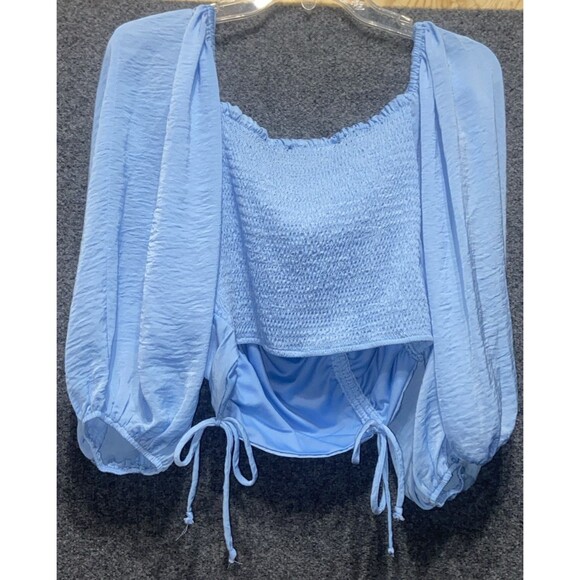 Hyfve Blue Ruched Crop Top Puff Sleeves Size Large - Picture 3 of 9